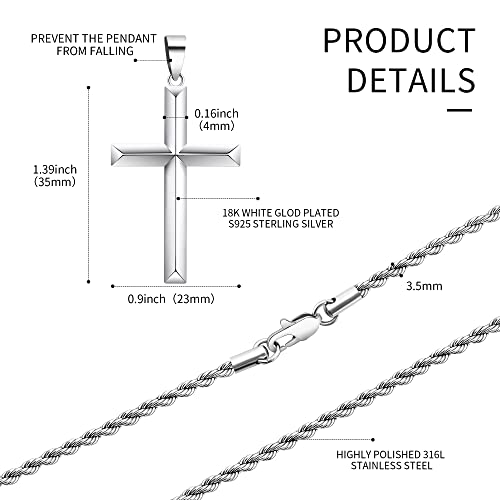 925 Sterling Silver Cross Necklace for Men with 3.5mm Stainless Steel Twist Clasp Rope Chain Necklace Beveled Edge Cross Pendant Necklace for Men Women 16-28 Inches3