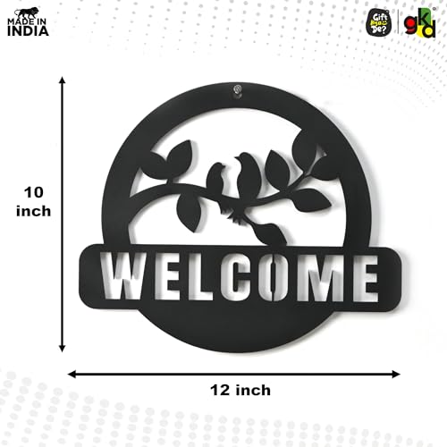 Image of Gift Kya De Wooden Welcome Sign for Home Entrance | Bird Wall Hanging Decor | GKD Laser Cut Welcome Board for Living Room, Office & Cafe (Black)