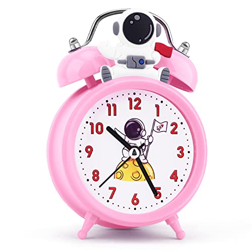 TCJJ Astronaut Uhr für Mädchen,Nicht-tickende Mädchen Rosa Wecker,Stille Nachttisch Wecker mit Nachtlicht,Klassische Laute Twin Bell Uhr,Geeignet für Schule