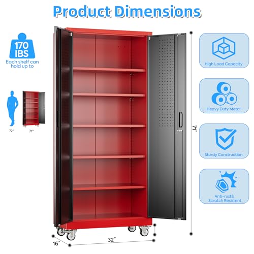 Image of Aobabo Upgrade 71H''*32''W*16''D Metal Garage Storage Cabinet with Wheels and Pegboards, 5 Adjustable Shelves Steel Storage Cabinets for Home,Warehouse,Garage,Assembly Required,Black Red