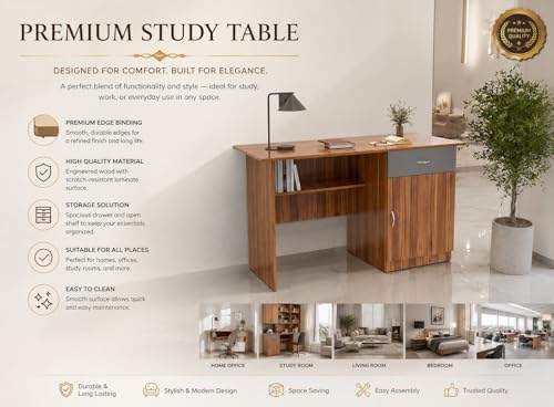 Image of 120x60x75 CM Engineered Wood Study & Office Table | 1 Year Warranty | Compact Table with 1 Open Shelf, Drawer & Cabinet for Work from Home | Easy DIY Assembly- Lyon Walnut & Gothic Grey