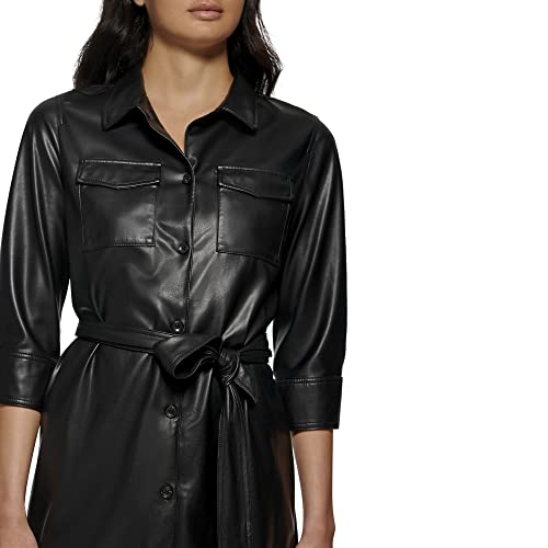 Calvin Klein Women's Modern Edgy Faux Leather Belted Dress, Black, Small #TOP1