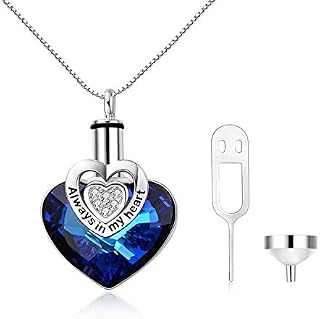 AOBOCO Heart Urn Necklace 925 Sterling Silver Pendant Cremation Necklace for Ashes with Blue Crystal, Keepsake Memorial Jewelry for Women Girls