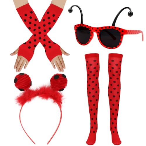 Meleager Costume Coccinella Accessori, Cerchietto Coccinella, Guanti, Occhiali, Calzini Lunghi, 4 Pezzi Accessori per Costumi da Coccinella, per Halloween Carnevale Cosplay
