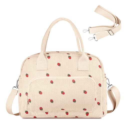 FITDON Insulated Lunch Bag for Women Men, Large Lunch Box Container Leakproof Corduroy Cooler Bag Lunch Tote Bag for Work Picnic, Beige Strawberry