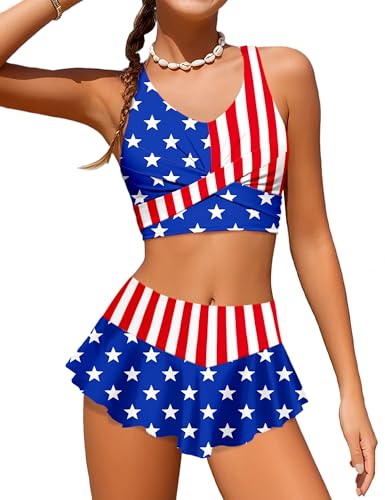 Image of Qaoerde Girls Swimsuit Tropical Print Bikini Set with Ruffle Hem Two Piece Criss Cross Bathing Suits for Girls 7-16 Years
