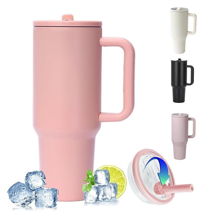 Image of 1200ML Stainless Steel Tumbler with Handle & Flip Straw | Leak Resistant, Insulated Water Bottle with Rubber Base | Travel, Gym & Car Cup Holder Friendly (Peach)