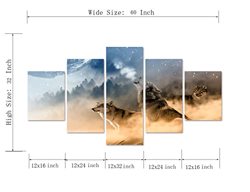 Wolf Painting On Canvas 5 Piece Modern Landscape, Posters And Prints Wolves Pictures Wall Art For Living Room Home Decor Wooden Framed Stretched Ready To Hang (60X32Inch) #TOP4