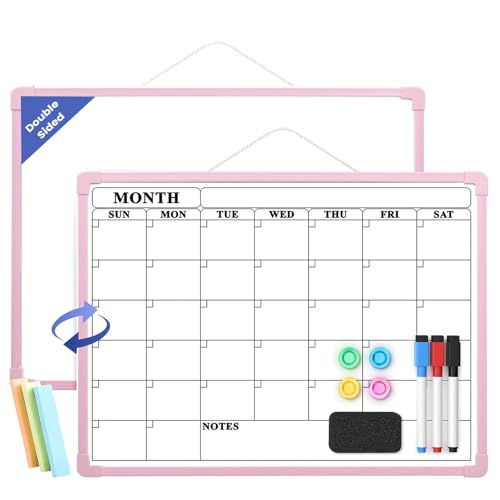 Lumspax Pink Frame Whiteboard Calendar 16 x 12 Plastic Dry Erase Board Calendar Small Monthly Planner for Wall