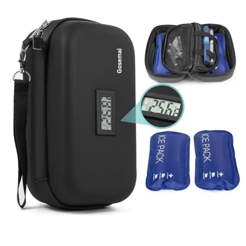 Image of Gosemai Insulin Cooler Case with Temperature Display, Holds 3-4 Pens, 2 Reusable Ice Packs, Hard Shell Diabetic Travel Bag for Insulin, Ozempic & Mounjaro (Black.)