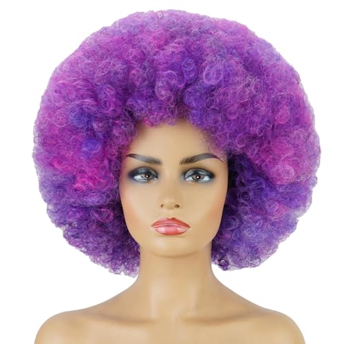 andromeda Afro Wigs for Black Women 70s Wig Short Puffy Wigs for Women Bouncy and Soft Kinky Curly 10 Inch Synthetic Daily Party Cosplay Halloween Wig (Blue Mixed Purple)