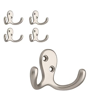 Franklin Brass (5-Pack) Double Wall Hooks 2-Prong Coat/Hat Matte Nickel Hooks for Hanging Wall Mount Hanger Clothes, Purse, Bag, Towel Organization Decorative Wall Hooks FBDPRH5-MN-C