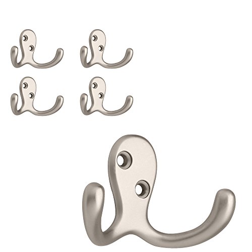 Franklin Brass (5-Pack) Double Wall Hooks 2-Prong Coat/Hat Matte Nickel Hooks for Hanging Wall Mount Hanger Clothes, Purse, Bag, Towel Organization Decorative Wall Hooks FBDPRH5-MN-C