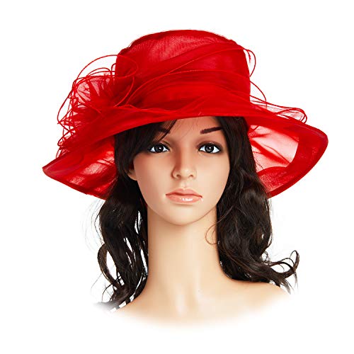 Women's Kentucky Derby Hat,Summer Fascinator Flowers Wide Brim Organza Church British Tea Party Wedding Dress Cap,Red