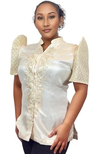 Handmade Kapamilya Filipiniana Blouse, Floral (Ivory White,Small)