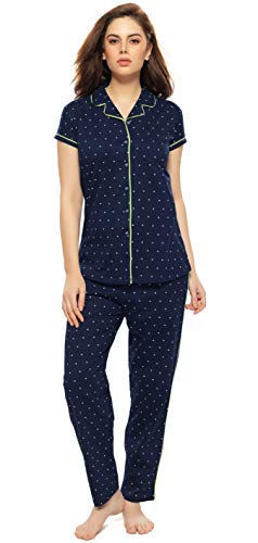 Image of ZEYO Women's Cotton Tringle Printed Navy Blue Night Suit Set of Shirt & Pyjama 5054 (Available in Plus Size)