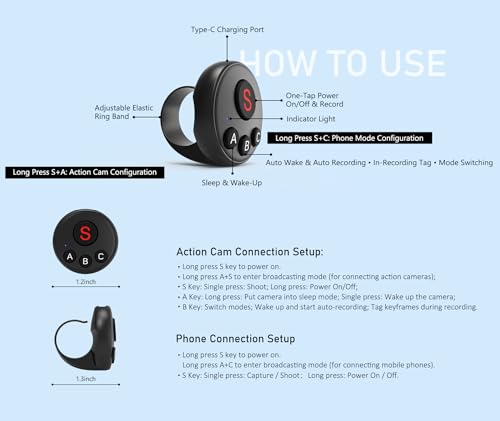 Image of 4-in-1 Wearable Ring Camera Remote, Rechargeable Waterproof Gloves-Friendly Clicker, One-Touch Shutter & Video for Vlog Bike Motorcycle Ski Hike Fishing, Fits Insta360 DJI GoPro iOS Android