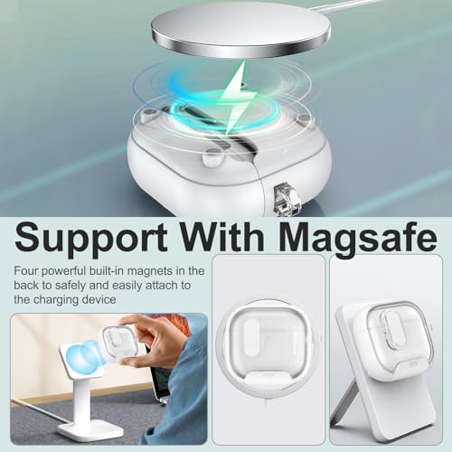 Image of Aircawin for Airpods 4 Case Clear,Secure Lock for Airpods 4th Generation Case Cover with Phone Stand and Magsafe Function,Auto Pop-up,Hybrid Protection Design with Carabiner&Cleaning Pen-White