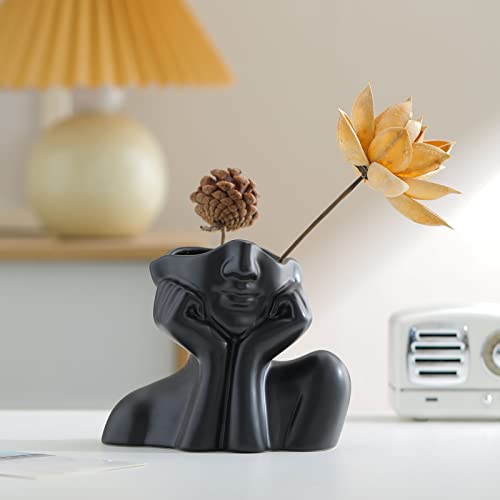 Black Face Vase,Small Cute Ceramic Female Head Statue Vases,Modern Minimalist Decorative Vases For Home Decor,Ideal Shelf Decor,Bookshelf Decor,Table/Desk Décor #TOP2