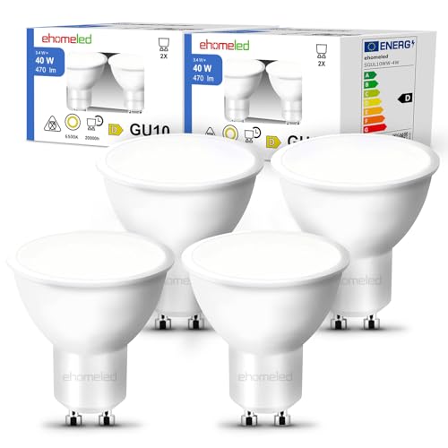 ehomeled GU10 LED Glühbirne Leuchtmittel Kaltweiß(6500K), 470 Lumen, ersetzt 50W Halogenlampe, energiesparend, 120° Flutlicht, ideal für Wohnzimmer, Küche & Flur, nicht dimmbar, 4er-Pack