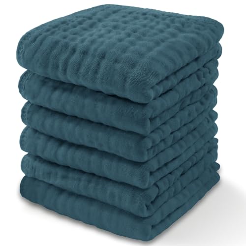 Image of Baby Washcloths, Muslin Cotton Baby Towels, Large 10”x10” Wash Cloths Soft on Sensitive Skin, Absorbent for Boys & Girls, Newborn Baby & Toddlers Bibs & Burp Cloths Essentials Set (Neptune, Pack of 6)
