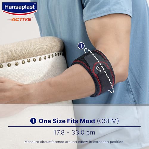 Hansaplast Active Tennis Elbow Support for Men & Women | 1 Unit | One Size Fits Most | Elbow Brace with visible Pressure Pad for Long Lasting Pain Relief | Skin Friendly Elbow Band/Guard with Adjustable Strap for Custom Fit | Tennis, Badminton, Cricket, Gym, Workout