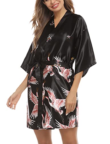 Marvmys Peignoir Femme Kimono Japonais Satin Court col en V Grue Motif Peignoir de Bain Robe de chambre,noir978,S Cover