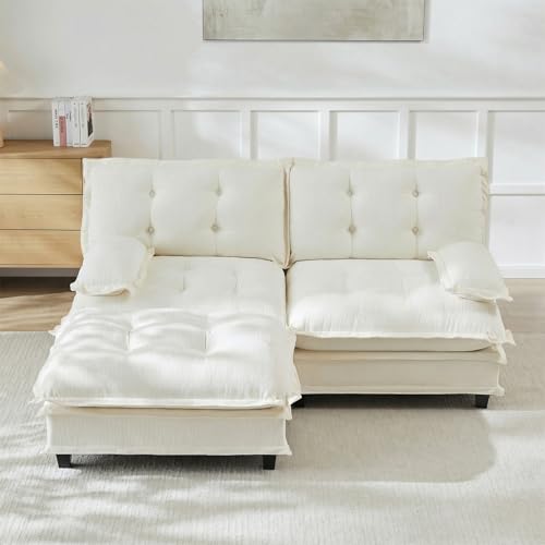 Image of 77 inch L-Shaped Sectional Couches for Living Room, Beige 2 Seater Modern Chenille Deep Seat Sofa Set, Salas para Casa, High Back Love Seat Couches, Cloud Modular Sectional Sets with Ottoman