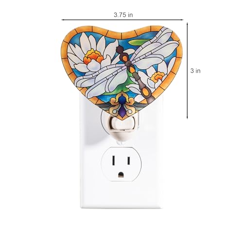 Image of Dragonfly with White Lotus Night Light - Stained Glass Styled Plug-in Wall Light for Vertical Outlets - Real Glass, Warm Glow for Bedroom, Bathroom, Hallway -Gift for Nature Lover