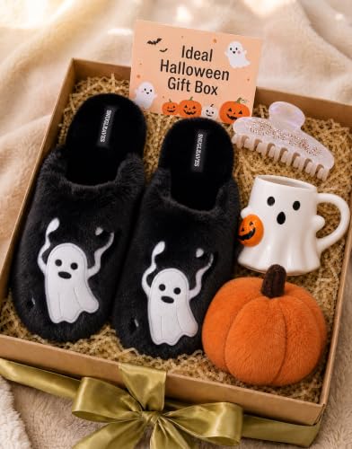 Women's Fuzzy Scuff Slippers, Ghosts, Size 7-8 - image 5