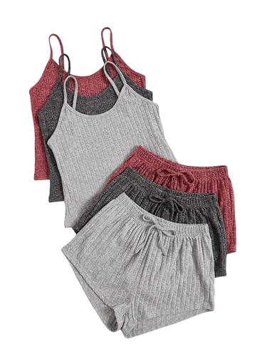SEGT Women's 3 Sets for Women Ribbed Pajamas Crop Cami Top and Shorts Pjs Casual Sleeveless Button Lounge Set