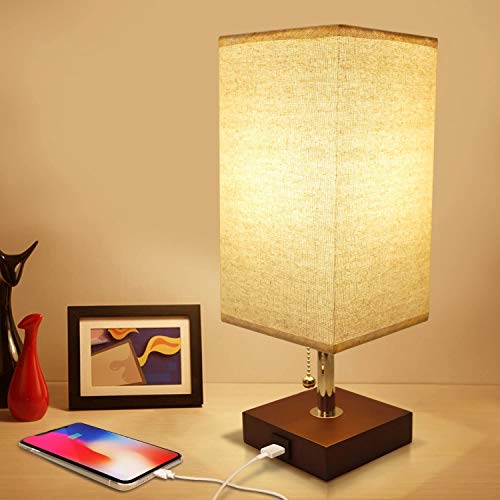 Seealle Small Nighstand Lamp, Brown Table Lamp with USB Charging Port, Pull Chain Lamp with Wood Base for Bedroom Living Room Study Room, Modern Brown Table Lamp for Nightstand