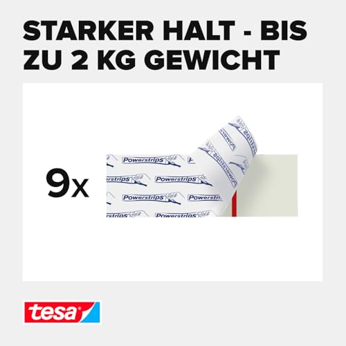 tesa Powerstrips Klebestreifen für Fliesen und Metall 2 kg - Doppelseitige Streifen für feste, glatte Flächen - Bis zu 2 kg Halteleistung pro Streifen - 9 Stück