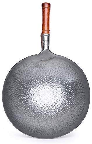 Handgeschmiedeter Eisen-Wok, Professioneller Chinesischer Traditioneller Handgehämmerter Kohlenstoffstahl-Pow-Wok Mit Ulmenholz- Und Stahl-Helfergriff - 34cm