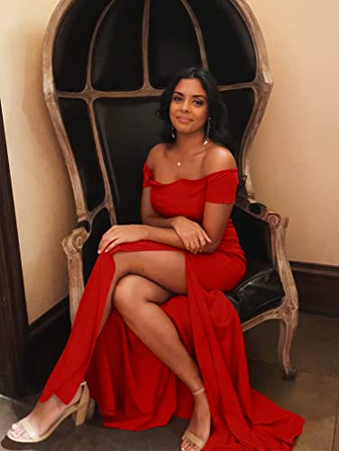 YMDUCH Women's Off Shoulder High Split Long Formal Party Dress Evening Gown Red, Small - Thumbnail 3