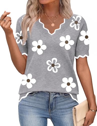 Zeagoo Summer Sweaters for Women Lightweight Loose Fit V Neck Tops Cute Flower Sweater Ribbed Short Sleeve Tops