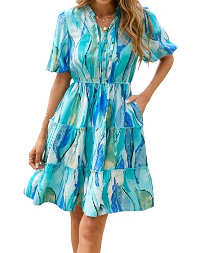 Image of BTFBM Women Summer Floral Short Dresses V Neck Short Sleeve Tiered Ruffle Boho Swing Dress A-Line Mini Dresses