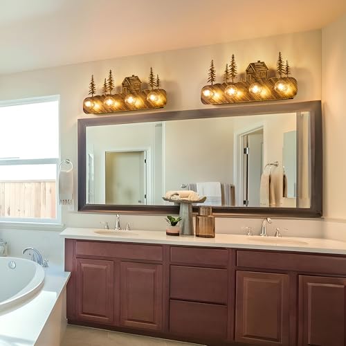 Image of TOCHIC Rustic Bathroom Light Fixtures, Vintage Vanity Light Over Mirror | 4 Lights Farmhouse Vanity Light for Cabinets, Powder Room, Living Room, Bronze, 26 inchL, Dimmable, Western Forest Wall Decor