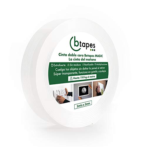 Btapes Cinta adhesiva doble cara NO MÁS AGUJEROS (5m x 3cm). Extrafuerte para todo tipo de paredes(también funciona en...