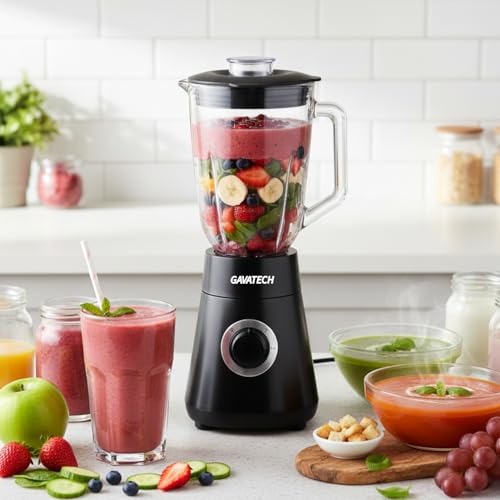 GAVATECH MR-1000 – Batidora de Vaso de 1000W, Jarra de Cristal Termorresistente, 4 Cuchillas de Acero Inoxidable y Control de Velocidad Variable con Función Pulse.