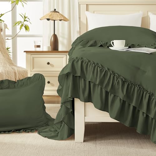 Image of Andency Olive Green Queen Comforter Set (90x90Inch), 3 Pieces Lightweight Fluffy Ruffle Bedding Comforter Sets for Queen Bed, Farmhouse Shabby Chic Soft Polyester All Season Bed Set