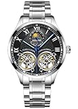 B BINGER AILANG Men's Skeleton Watches Automatic Mechanical Watch with Dual Balance Wheels (Silver Black-B)