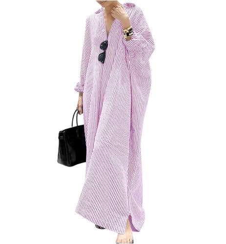 Image of ebossy Women's Oversized Boho Striped Shirt Dress Button Up Long Sleeve Flowy A Line Caftan Dress with Pockets