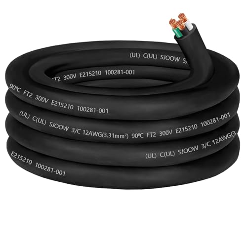 12/3 Wire 12 AWG SJOOW Portable Power Cable 300V 12 Gauge 3 Conductor SJOOW Extension Cord Electrical Wire for Motor Lead Portable Light LED EV Car Charger RV Inverter Indoor Outdoor Machinary-25ft