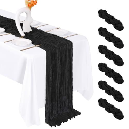FANTEKE 6 Pack Black Cheesecloth Table Runner 20 x 120 Inch Gauze Table Runner Fabric Semi Sheer Cheese Cloth Table Decor Bulk for Rustic Romantic Wedding Baby Shower Party Table Decoration