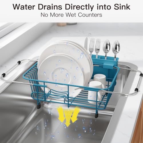 Image of JASIWAY Blue Dish Drying Rack in Sink with Utensil Holder, RV, Apartment