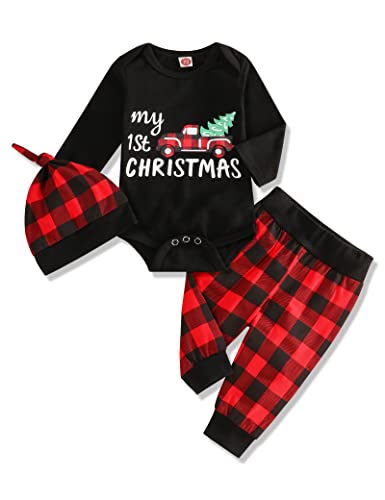 Image of Baby Boys Girls My 1st Christmas Outfits My First Christmas Letter Print Romper+Red Plaid Pants +Hat 3Pcs Clothes Set