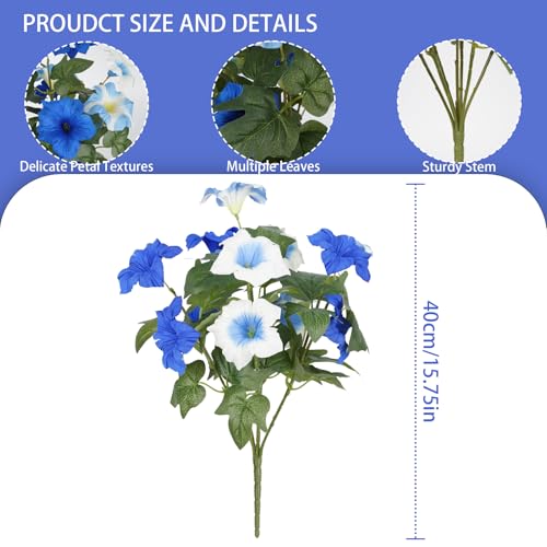 Image of Artificial Flowers for Outdoors, Faux Petunias Spring Summer Decoration, Fake Flowers Plants UV Resistant Look Real Silk Flowers for Outside Planter Front Door Porch Patio Yard (12, Blue-White)