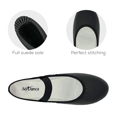 Adult Leather Ballet Shoes, Elastic Casing, Full Sole Slipper, Brittany - SD69L4