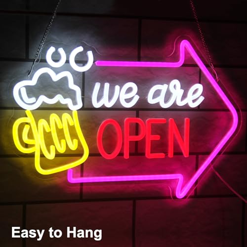 Image of We Are Open Neon Sign with Arrow Beer Neon Light for Bar Restaurant Decor | Dimmable Bar LED Signs for Wall Decor, Business Open Sign, Acrylic Neon Wall Light, USB Powered, Pub Tavern Hotel Shop Decor